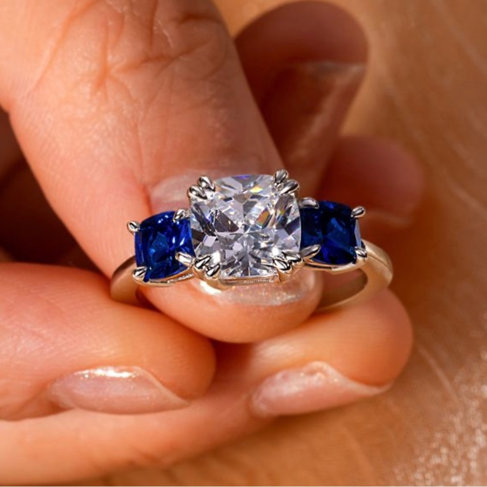 Italo Three Stone Cushion Cut Blue Topaz Engagement Ring - Picture 4 of 7